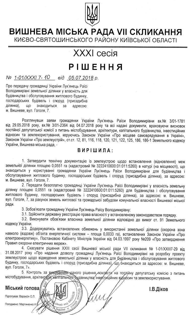 РІШЕННЯ ХХXI СЕСІЇ VIІ СКЛИКАННЯ від 05.07.2018 року